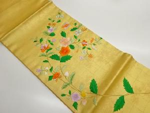 枝葉に花々模様織出し刺繍開き名古屋帯（額縁仕立て）